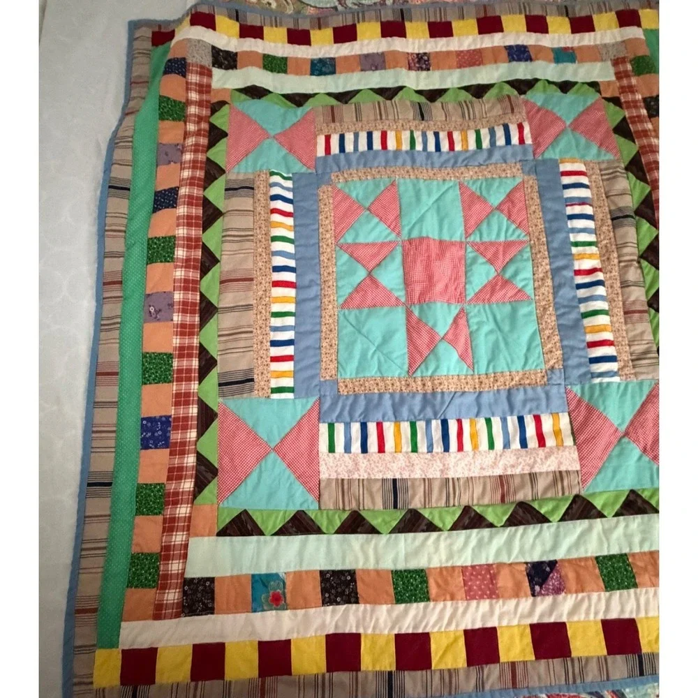 Handmade Patchwork Star Block Quilt 52x56 Throw Blanket Cottage Farmhouse Folk
